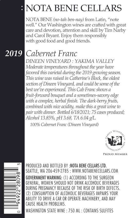 2019 :Nota Bene Cabernet Franc - Dineen Vineyard - Yakima Valley