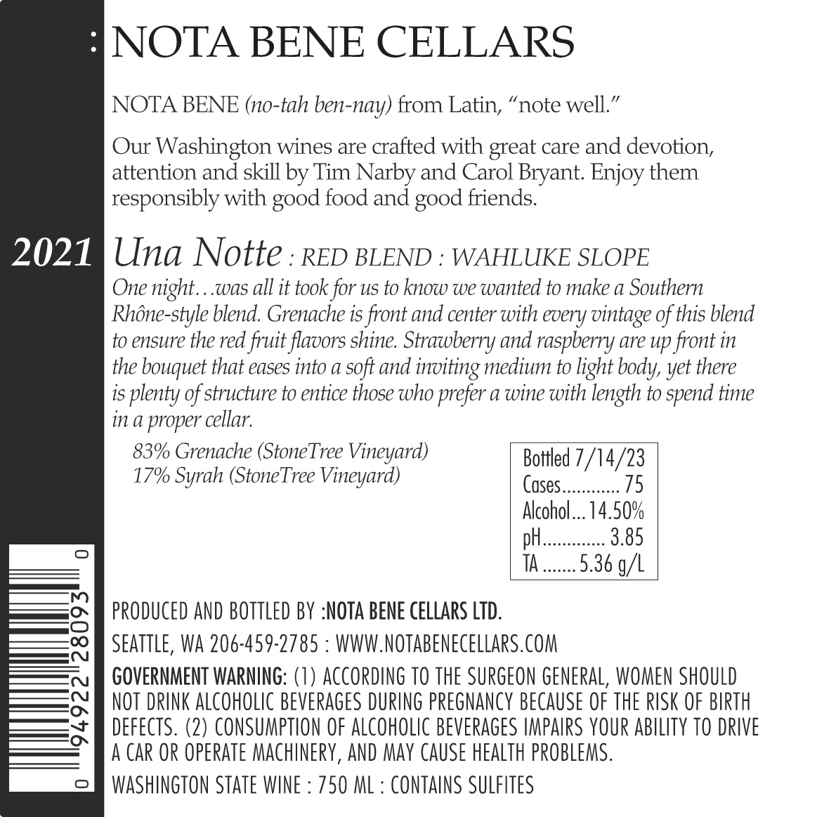 2021 :Nota Bene Una Notte - Wahluke Slope