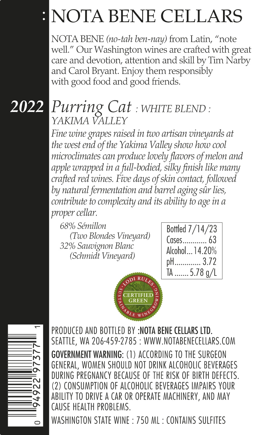 2022 :Nota Bene Purring Cat White Blend – Yakima Valley