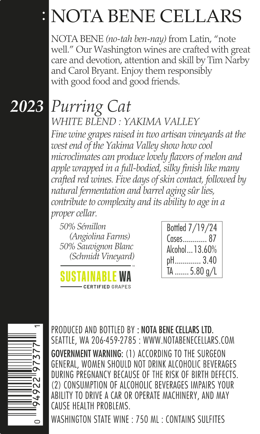 2023 :Nota Bene Purring Cat White Blend – Yakima Valley