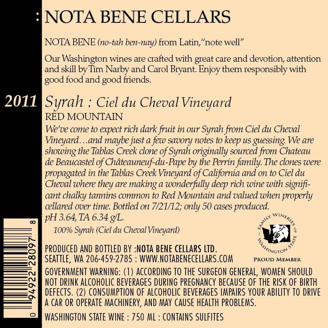2011 Syrah - Ciel du Cheval Vineyard : Red Mountain