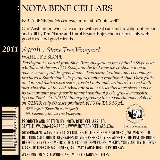 2011 Syrah - Stone Tree Vineyard : Columbia Valley