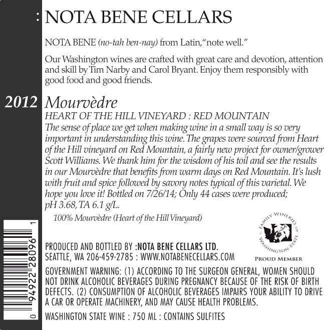 2012 Mourvèdre - Heart of the Hill Vineyard : Red Mountain