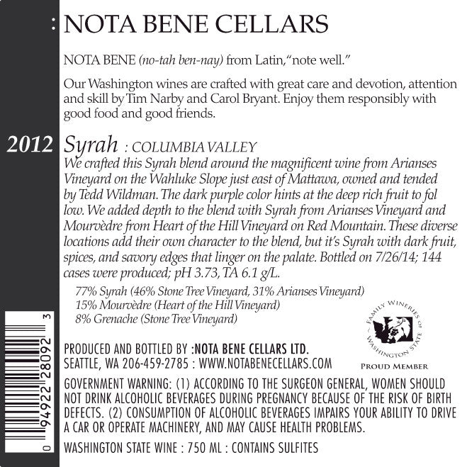 2012 Syrah : Columbia Valley