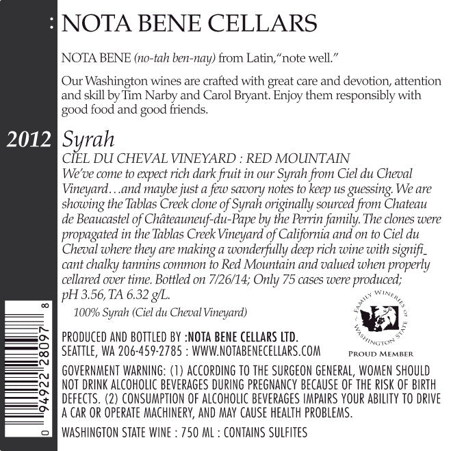 2012 Syrah - Ciel du Cheval Vineyard : Red Mountain