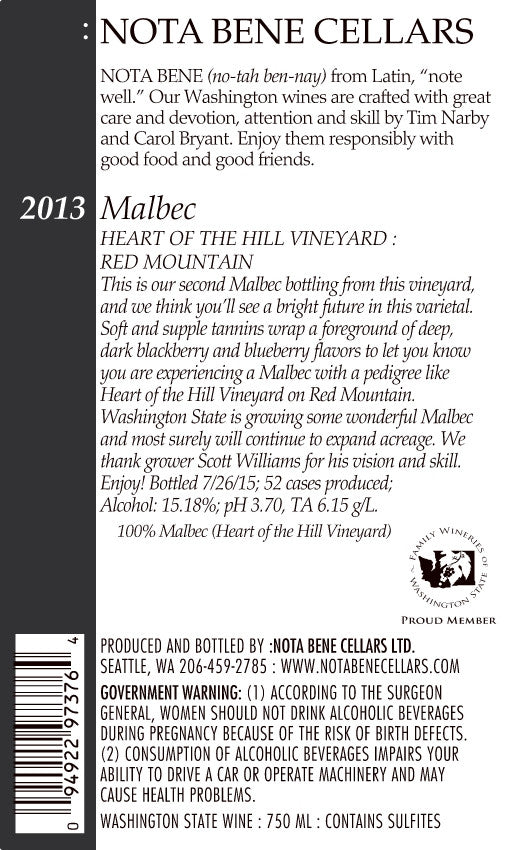 2013 Malbec – Heart of the Hill Vineyard : Red Mountain