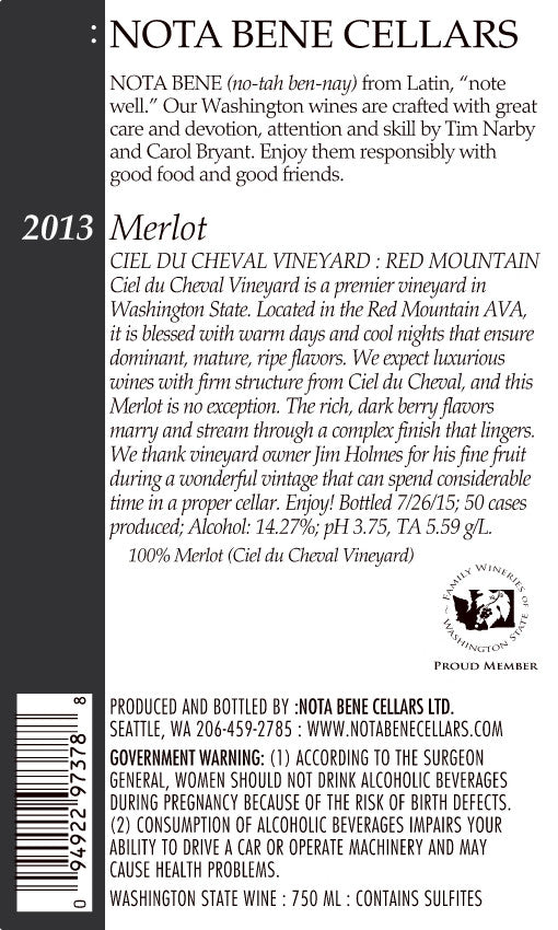 2013 Merlot – Ciel Du Cheval Vineyard : Red Mountain