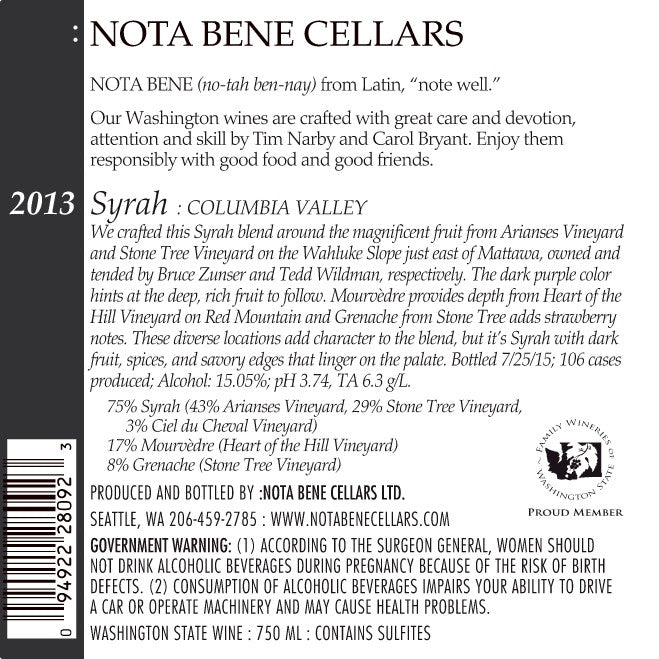 2013 Syrah : Columbia Valley