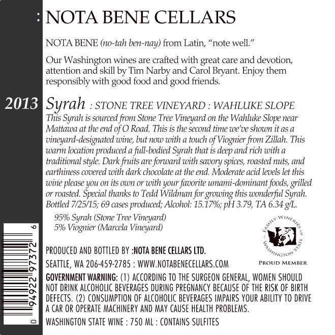 2013 Syrah – Stone Tree Vineyard : Wahluke Slope