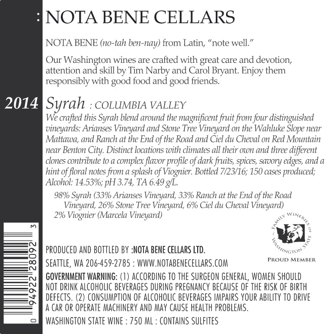 2014 Syrah – Columbia Valley