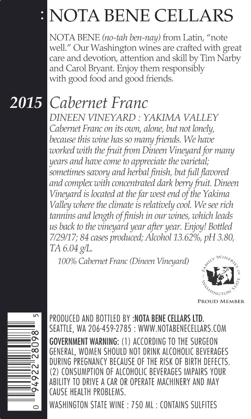 2015 :Nota Bene Cabernet Franc – Dineen Vineyard : Yakima Valley