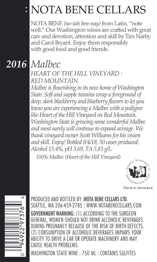 2016 Malbec - Heart of the Hill Vineyard : Red Mountain