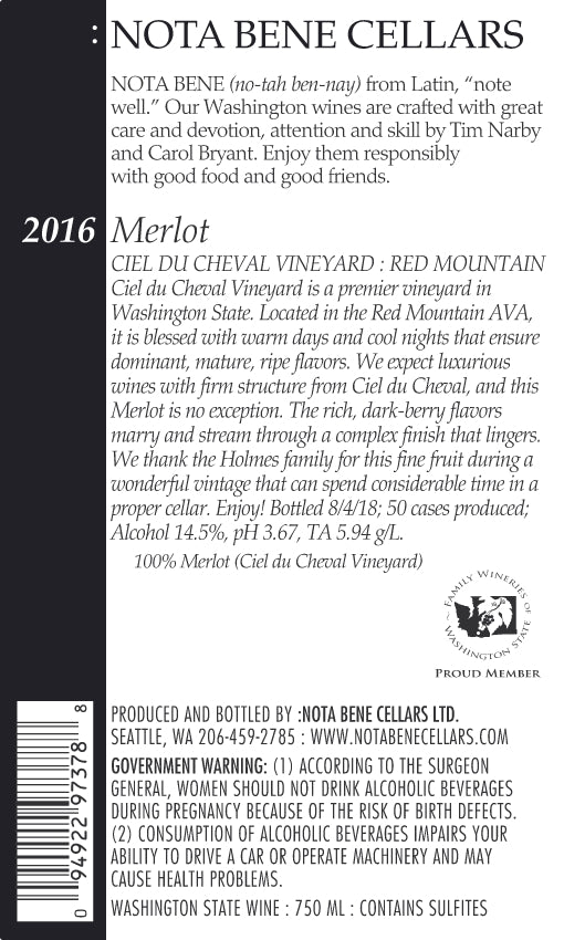 2016 :Nota Bene Merlot – Ciel du Cheval Vineyard: Red Mountain