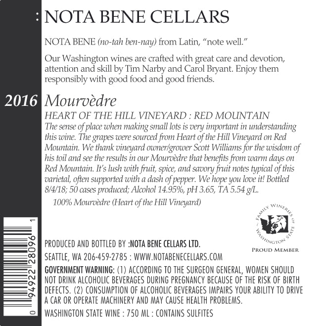 2016 Mourvèdre – Heart of the Hill Vineyard : Red Mountain