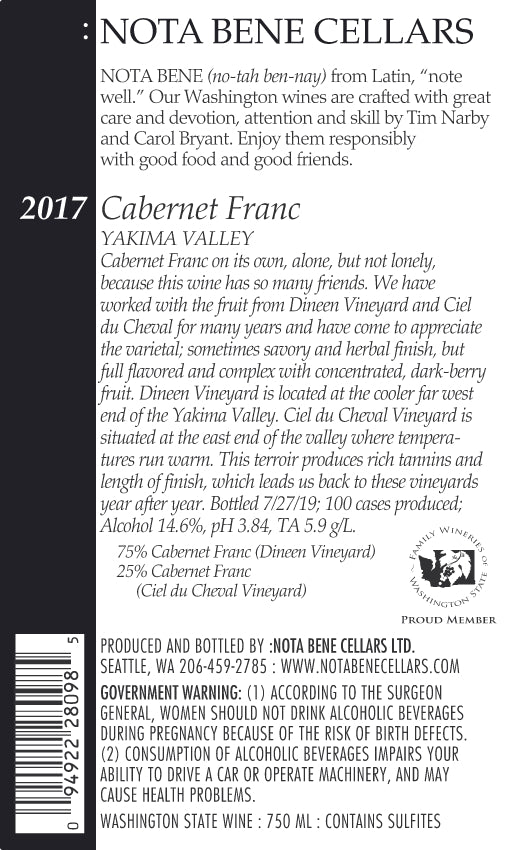2017 :Nota Bene Cabernet Franc – Yakima Valley