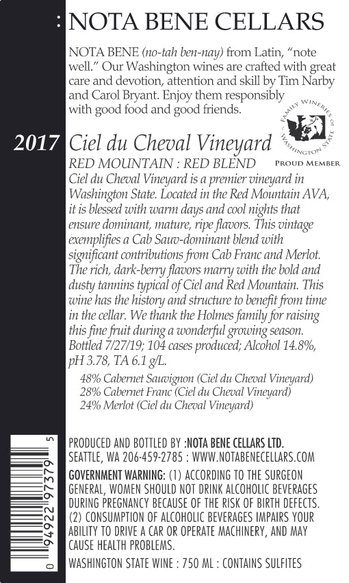 2017 :Nota Bene Ciel du Cheval Vineyard : Red Mountain