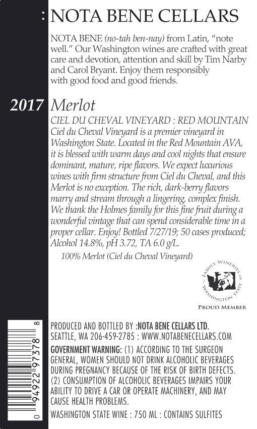 2017 :Nota Bene Merlot – Ciel du Cheval Vineyard: Red Mountain