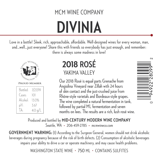 2018 MCM Wine Company Divinia Rosé – Yakima Valley