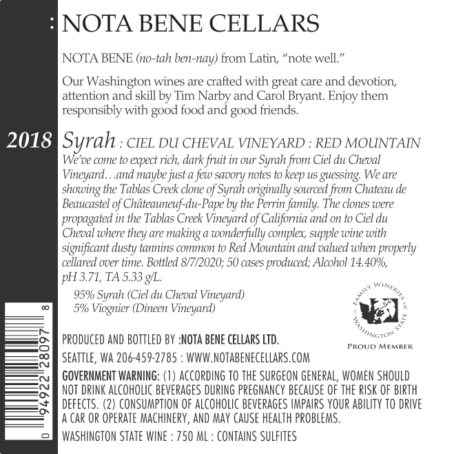 2018 Syrah – Ciel du Cheval Vineyard : Red Mountain