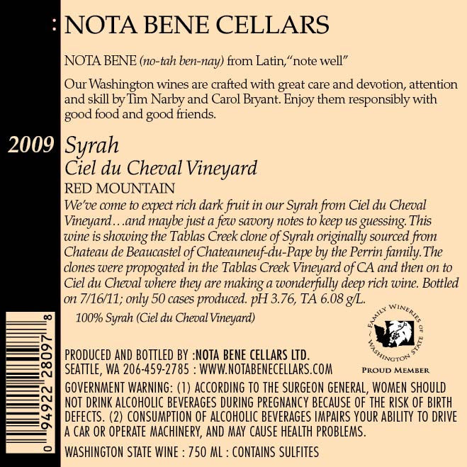2009 Syrah - Ciel du Cheval Vineyard : Red Mountain
