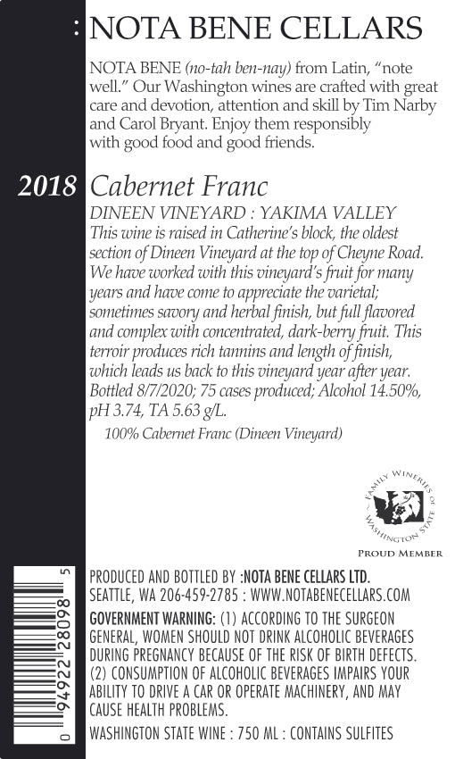 2018 :Nota Bene Cabernet Franc - Dineen Vineyard : Yakima Valley