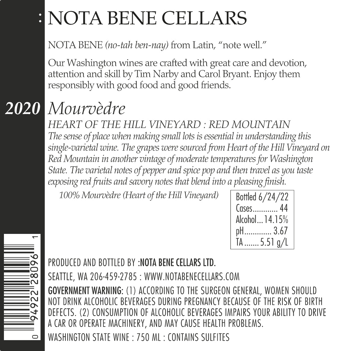 2020 :Nota Bene Mourvedre - Heart of the Hill Vineyard