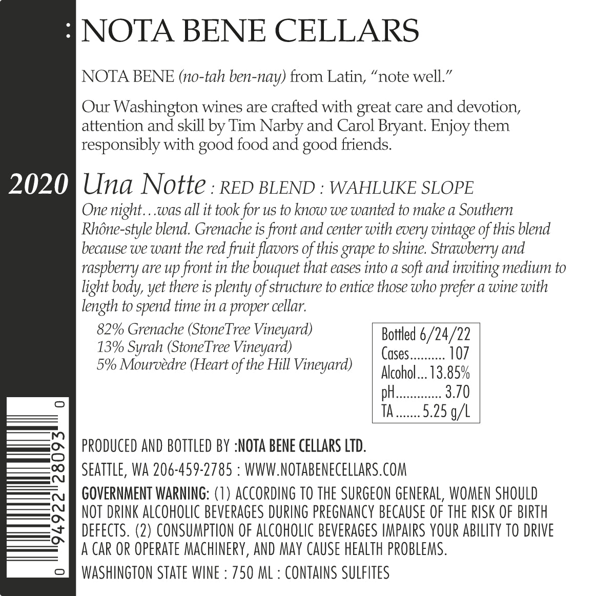 2020 :Nota Bene Una Notte - Columbia Valley