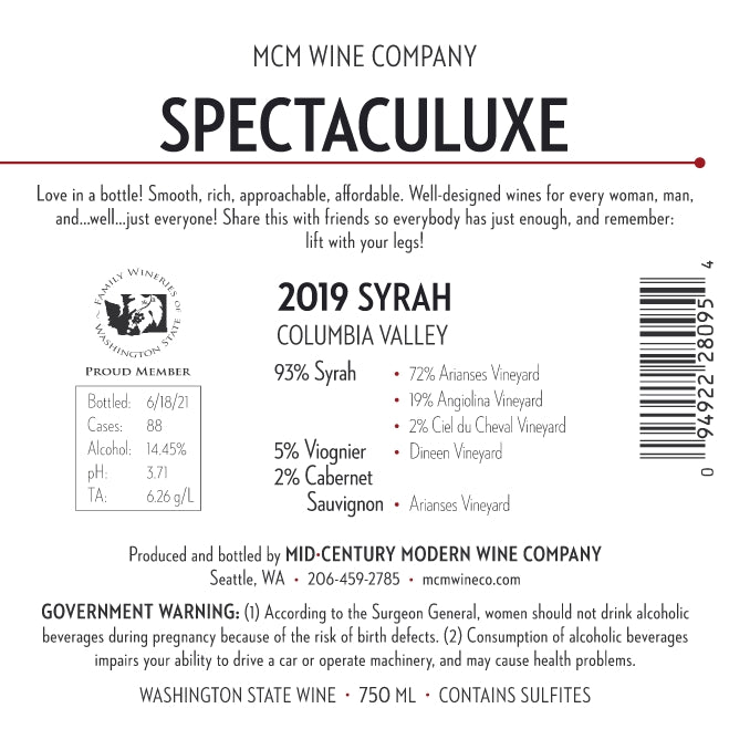 2019 MCM Wine Company Spectaculuxe Syrah - Columbia Valley