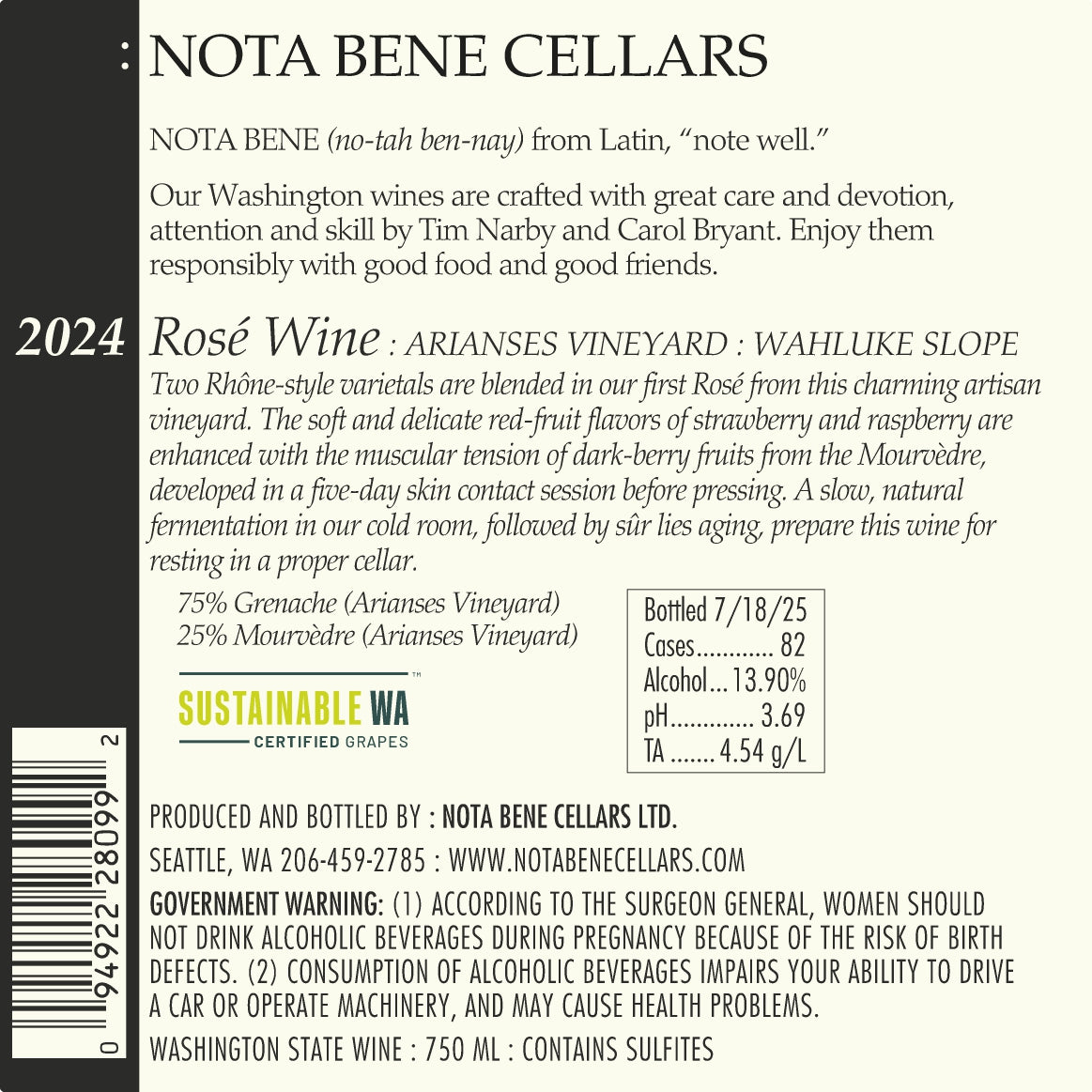 2024:Nota Bene Rosé - Arianses Vineyard - Wahluke Slope