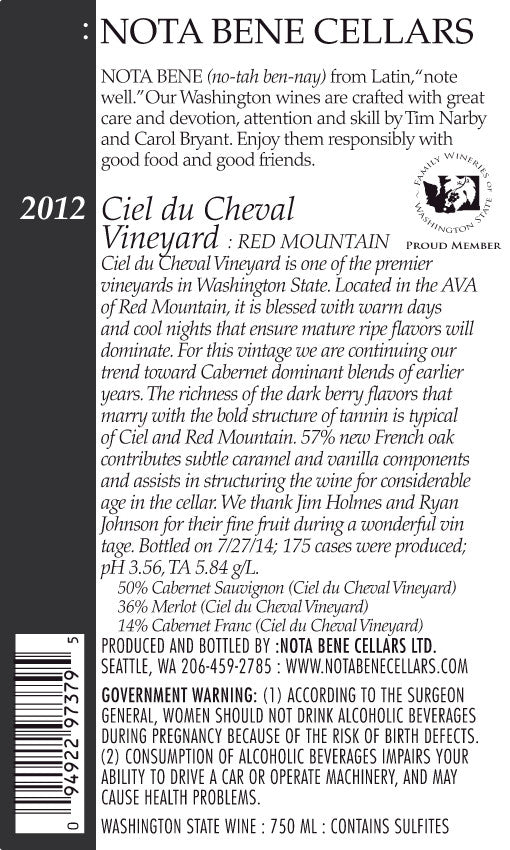 2012 Ciel du Cheval Vineyard : Red Mountain