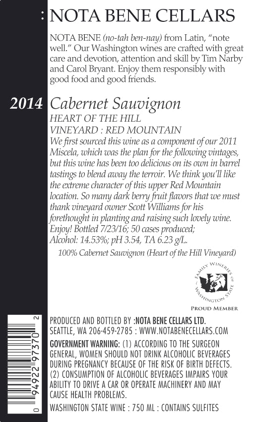 2014 Malbec - Heart of the Hill Vineyard :  Red Mountain