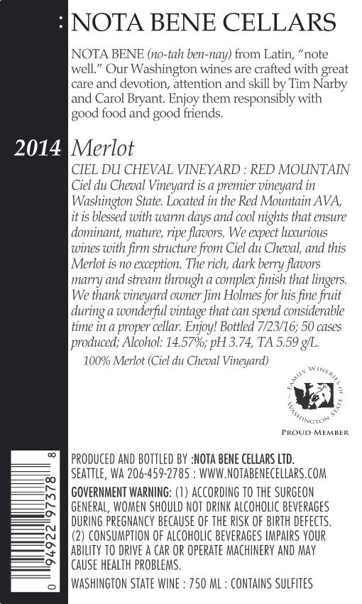2014 Merlot – Ciel du Cheval Vineyard :  Red Mountain