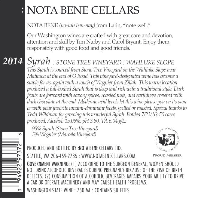2014 Syrah – Stone Tree Vineyard : Wahluke Slope
