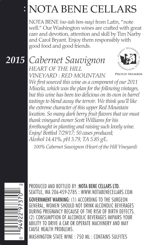 2015 :Nota Bene Cabernet Sauvignon - Heart of the Hill Vineyard : Red Mountain