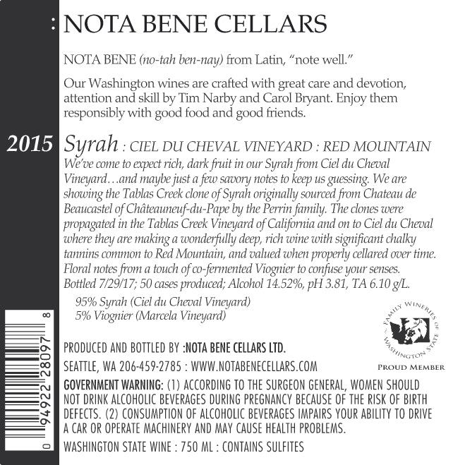 2015 Syrah – Ciel du Cheval Vineyard : Red Mountain