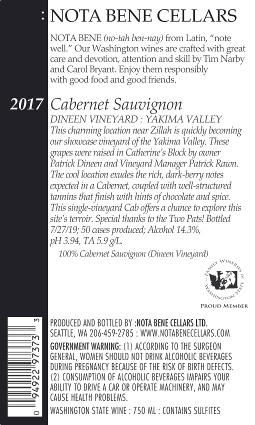 2017 :Nota Bene Cabernet Sauvignon – Dineen Vineyard : Yakima Valley