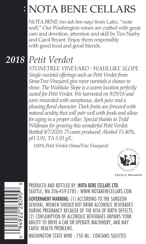 2018 :Nota Bene Petit Verdot - StoneTree Vineyard : Wahluke Slope