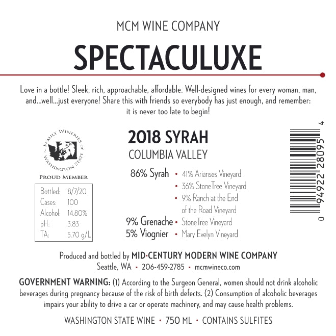 2018 MCM Wine Company Spectaculuxe Syrah - Columbia Valley