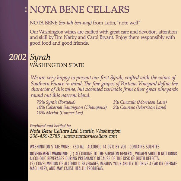 2002 Syrah : Washington State