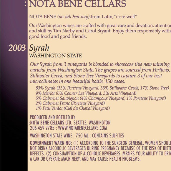 2003 Syrah : Washington State