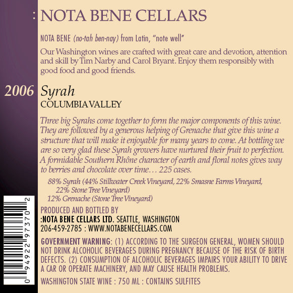 2006 Syrah : Columbia Valley