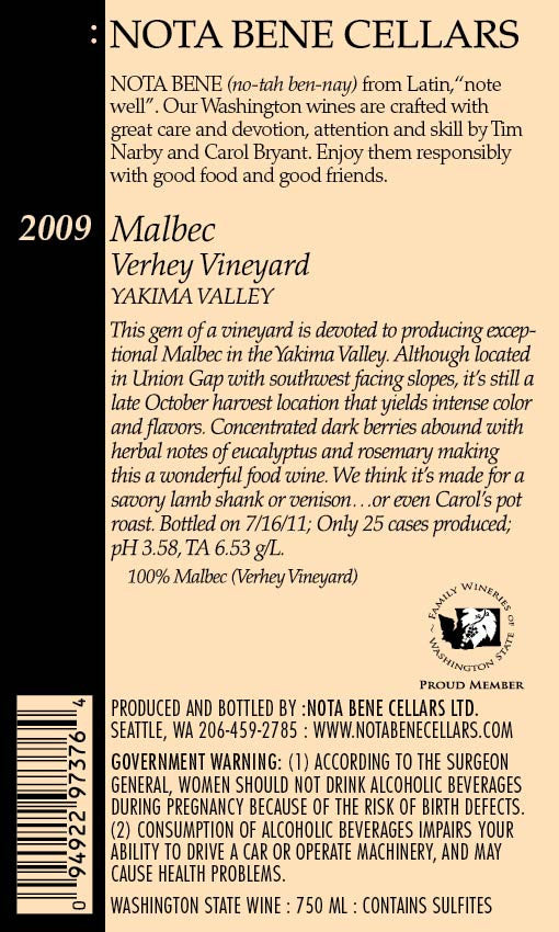 2009 Malbec - Verhey Vineyard : Yakima Valley