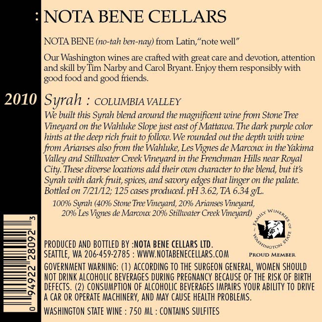 2010 Syrah : Columbia Valley