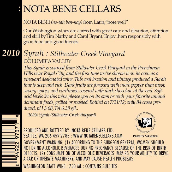 2010 Syrah - Stillwater Creek Vineyard : Columbia Valley